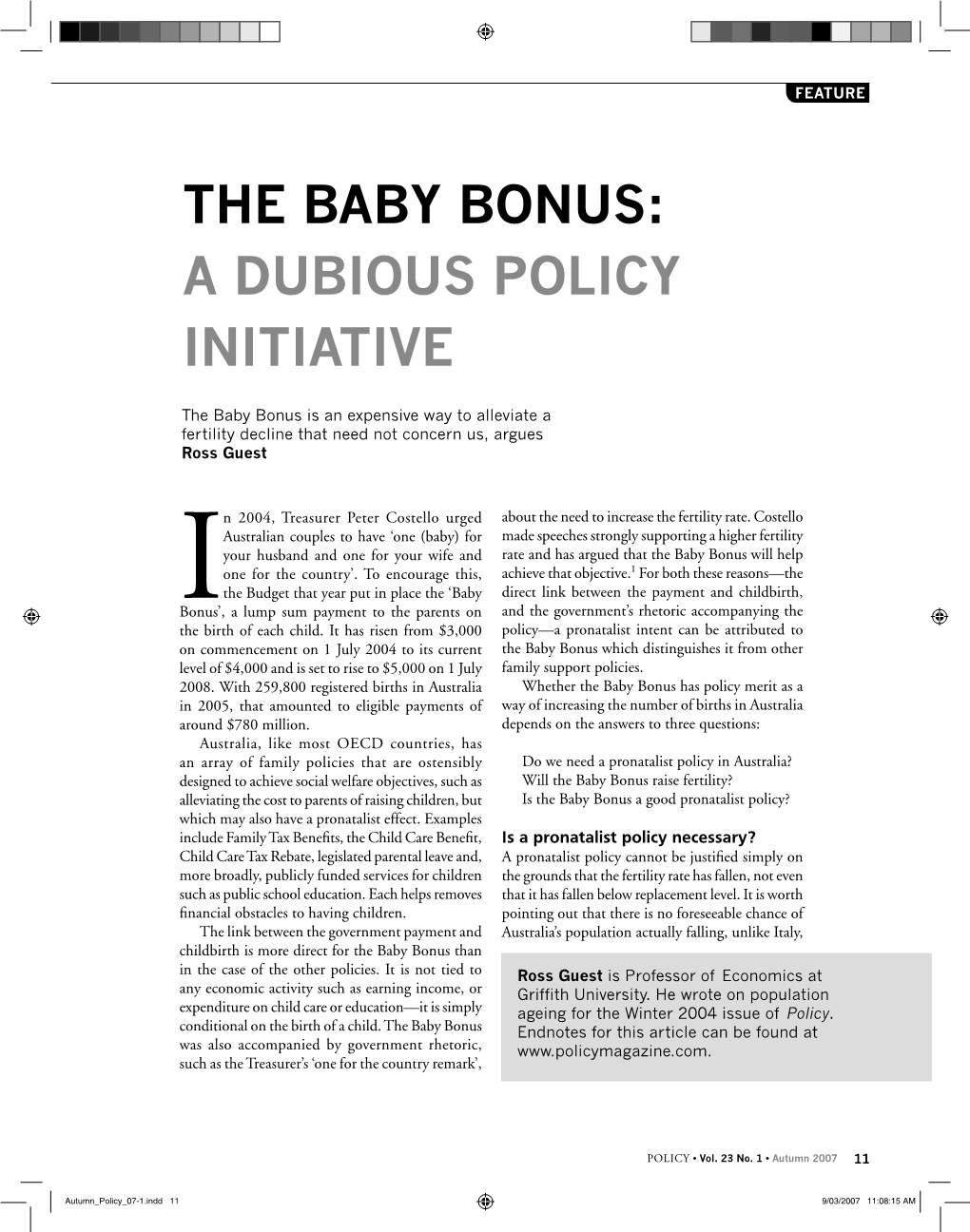 The Baby Bonus: a Dubious Policy Initiative