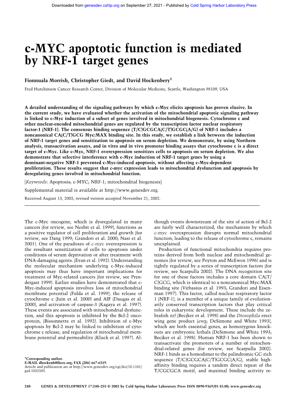 C-MYC Apoptotic Function Is Mediated by NRF-1 Target Genes