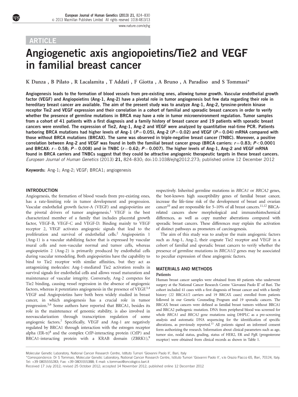 Tie2 and VEGF in Familial Breast Cancer