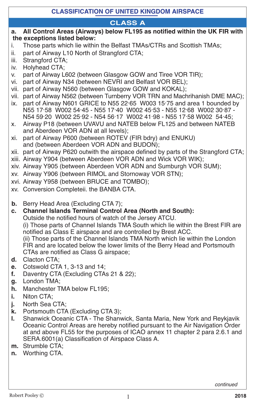 1 CLASSIFICATION of UNITED KINGDOM AIRSPACE CLASS a A. All Control Areas