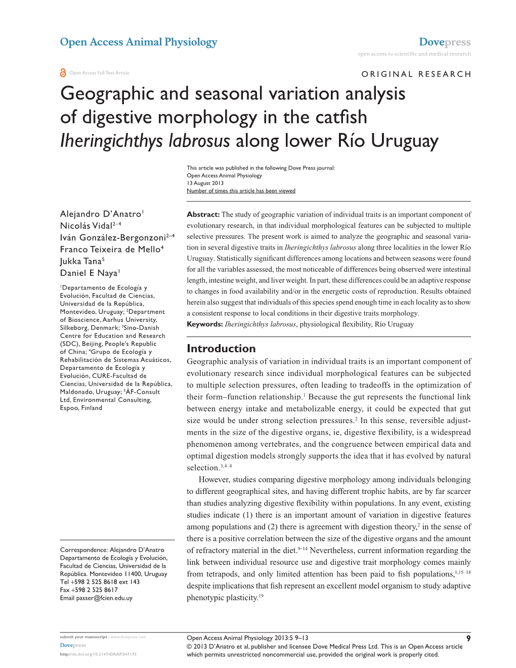 Geographic and Seasonal Variation Analysis of Digestive Morphology in the Catfish Iheringichthys Labrosus Along Lower Río Uruguay