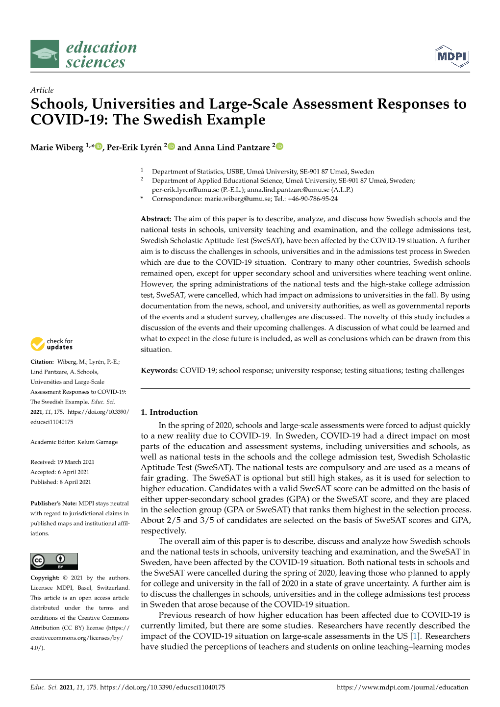 Schools, Universities and Large-Scale Assessment Responses to COVID-19: the Swedish Example