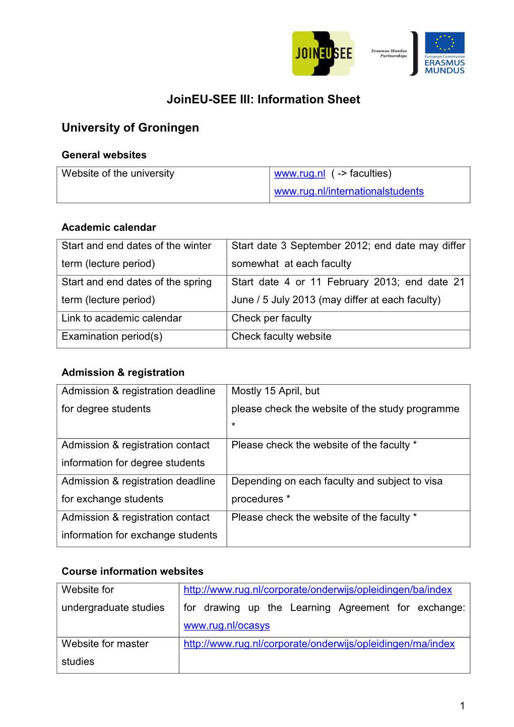 Information Sheet University of Groningen
