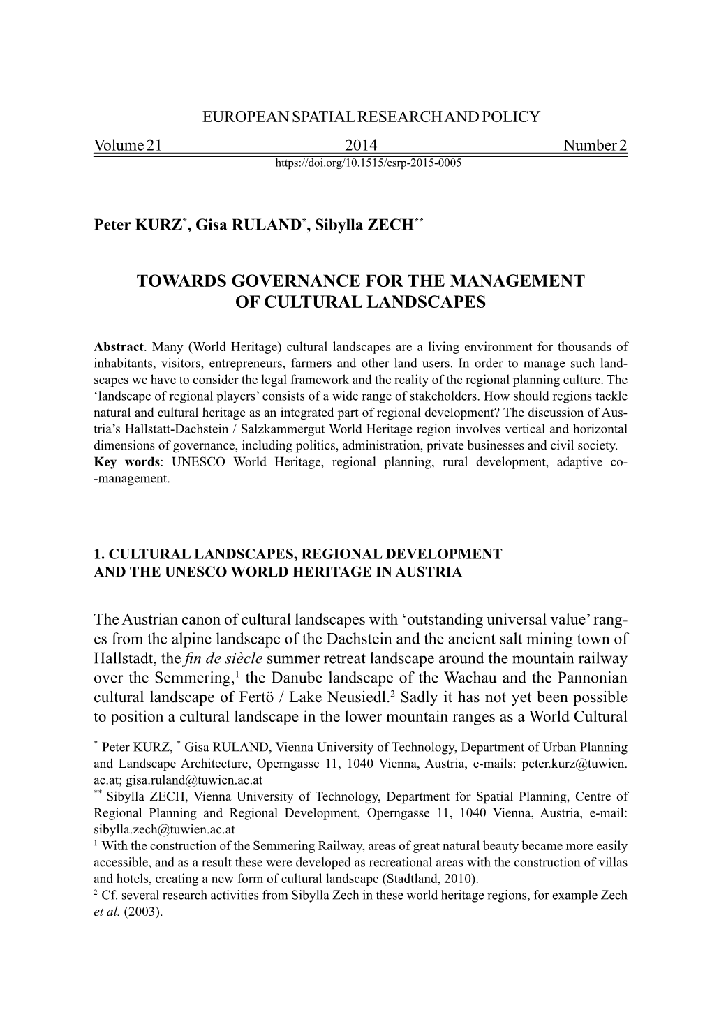 Towards Governance Or the Management of Cultural Landscapes