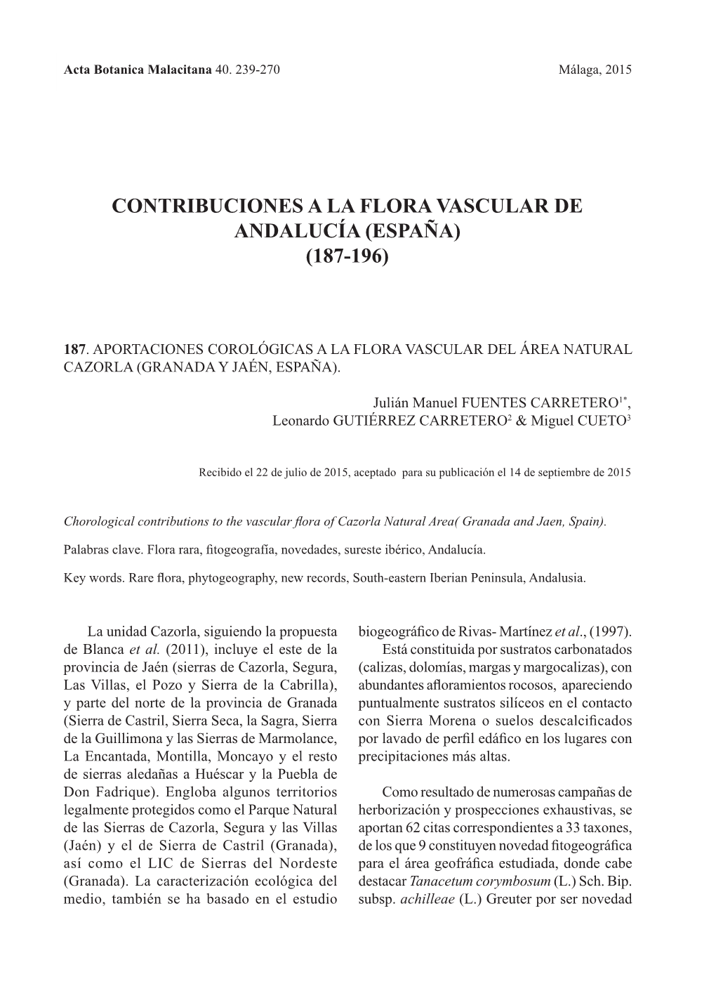 Contribuciones a La Flora Vascular De Andalucía (España) (187-196)