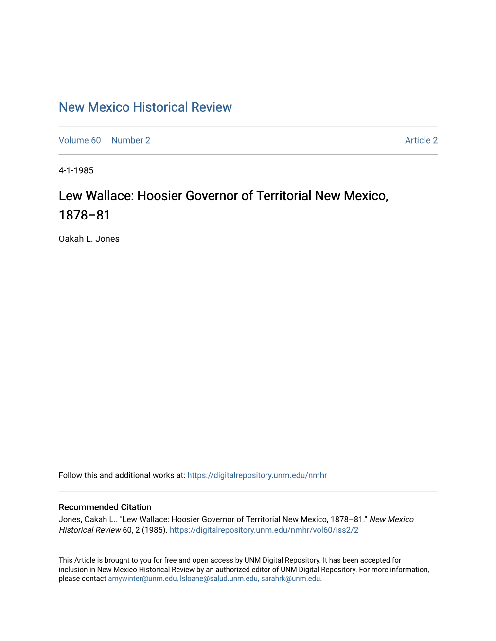 Lew Wallace: Hoosier Governor of Territorial New Mexico, 1878–81