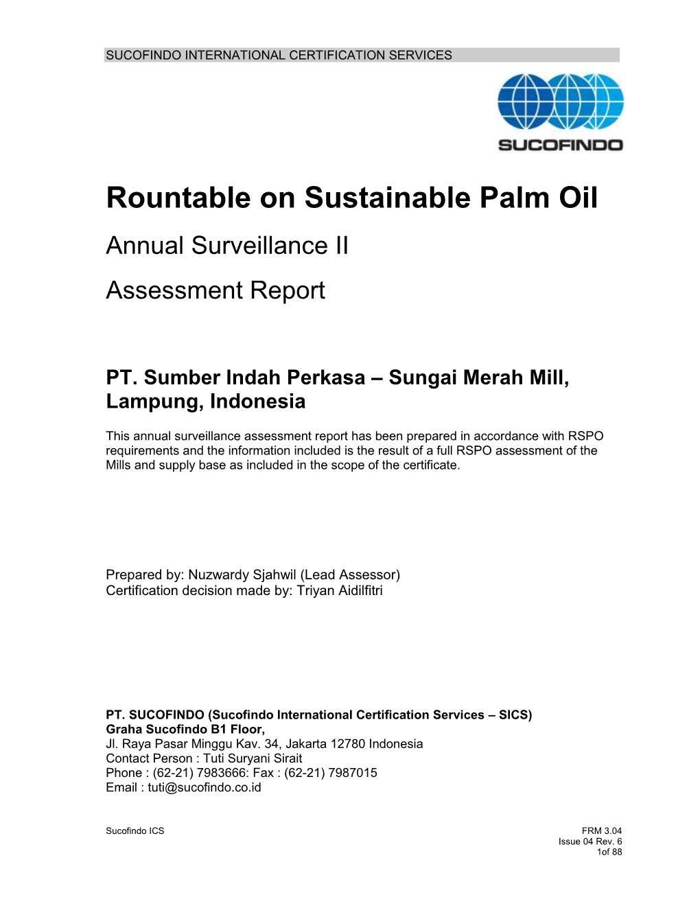 Rountable on Sustainable Palm Oil Annual Surveillance II Assessment Report