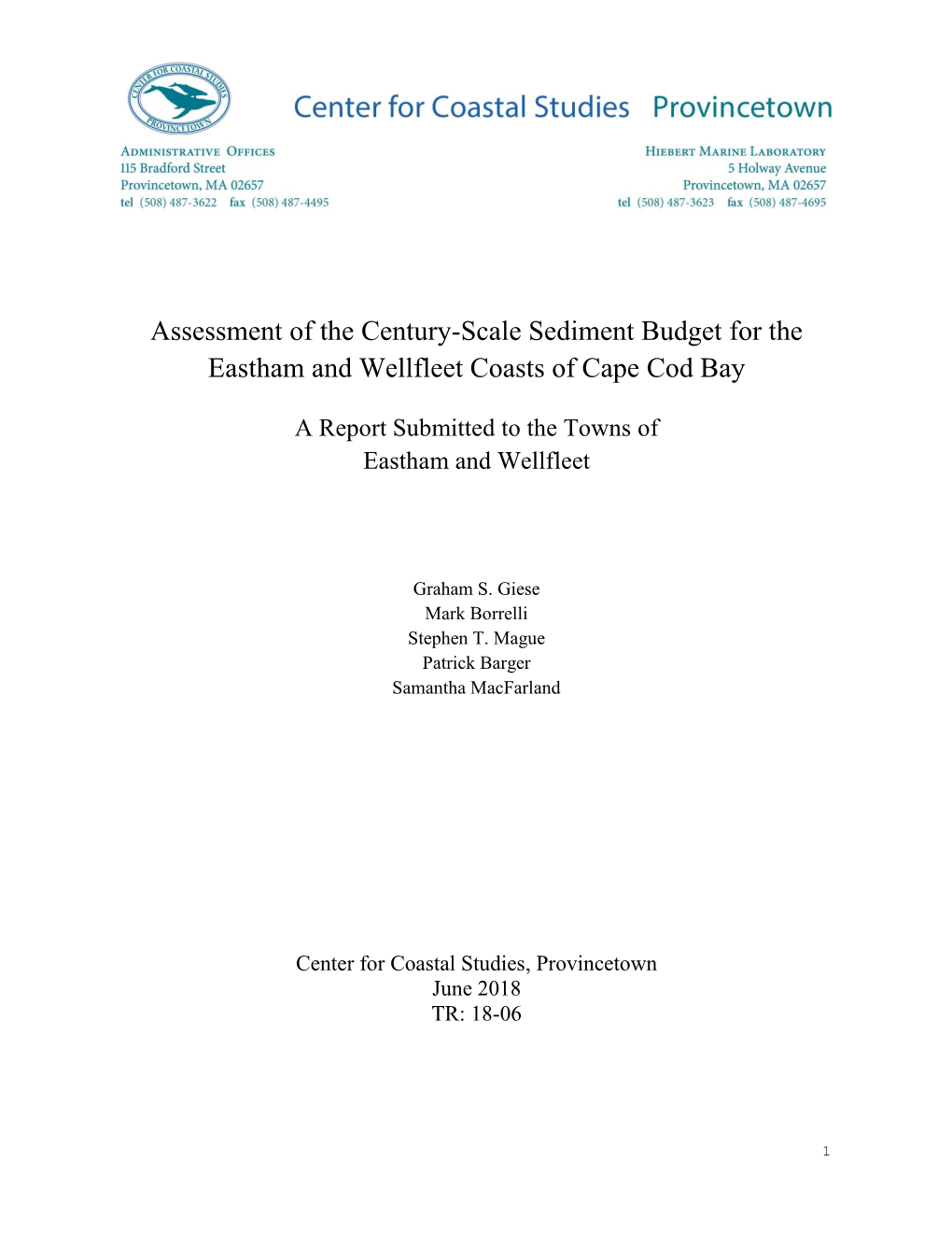 Assessment of the Century-Scale Sediment Budget for the Eastham and Wellfleet Coasts of Cape Cod Bay