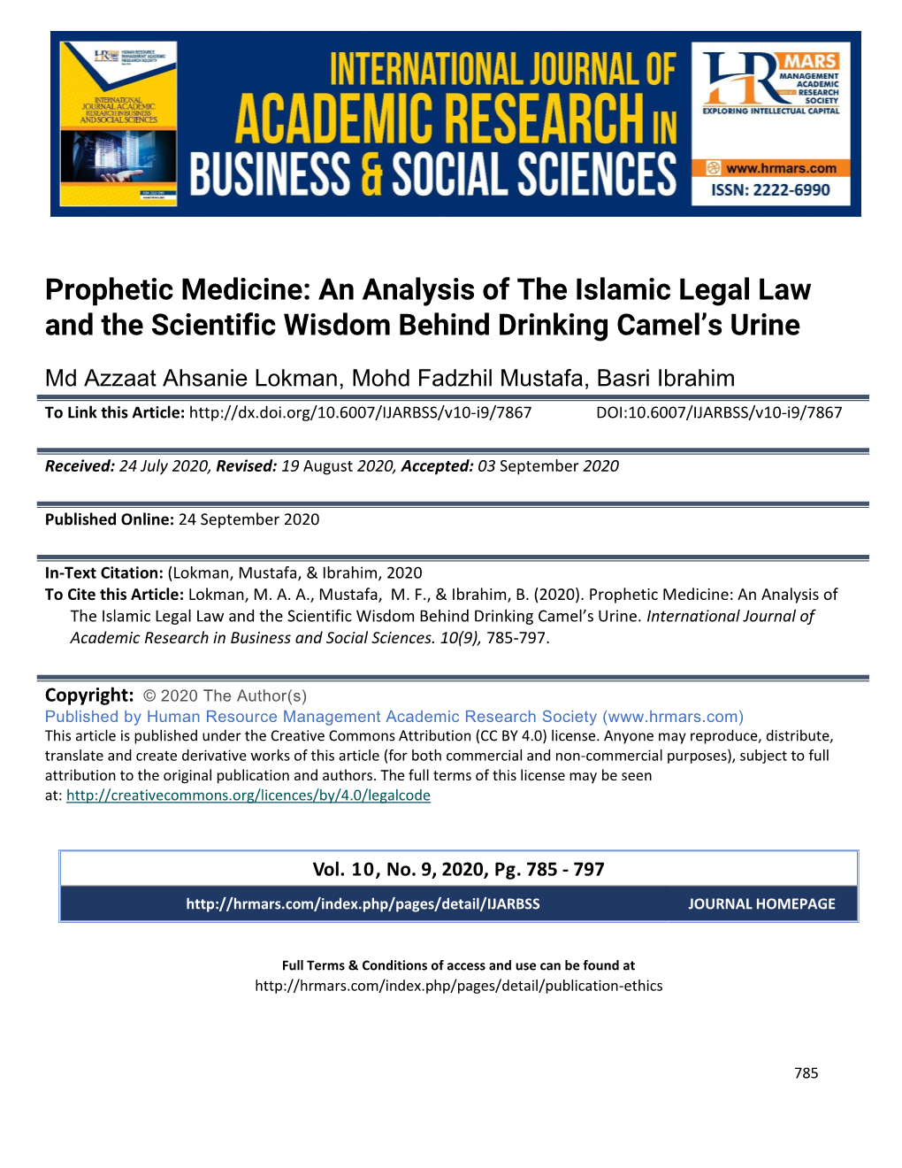 Prophetic Medicine: an Analysis of the Islamic Legal Law and the Scientific Wisdom Behind Drinking Camel’S Urine