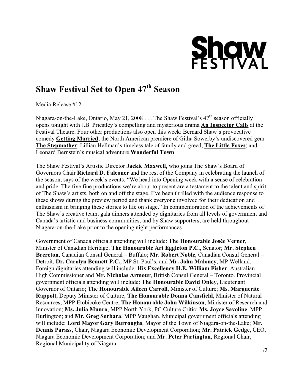 Shaw Festival Set to Open 46Th Season
