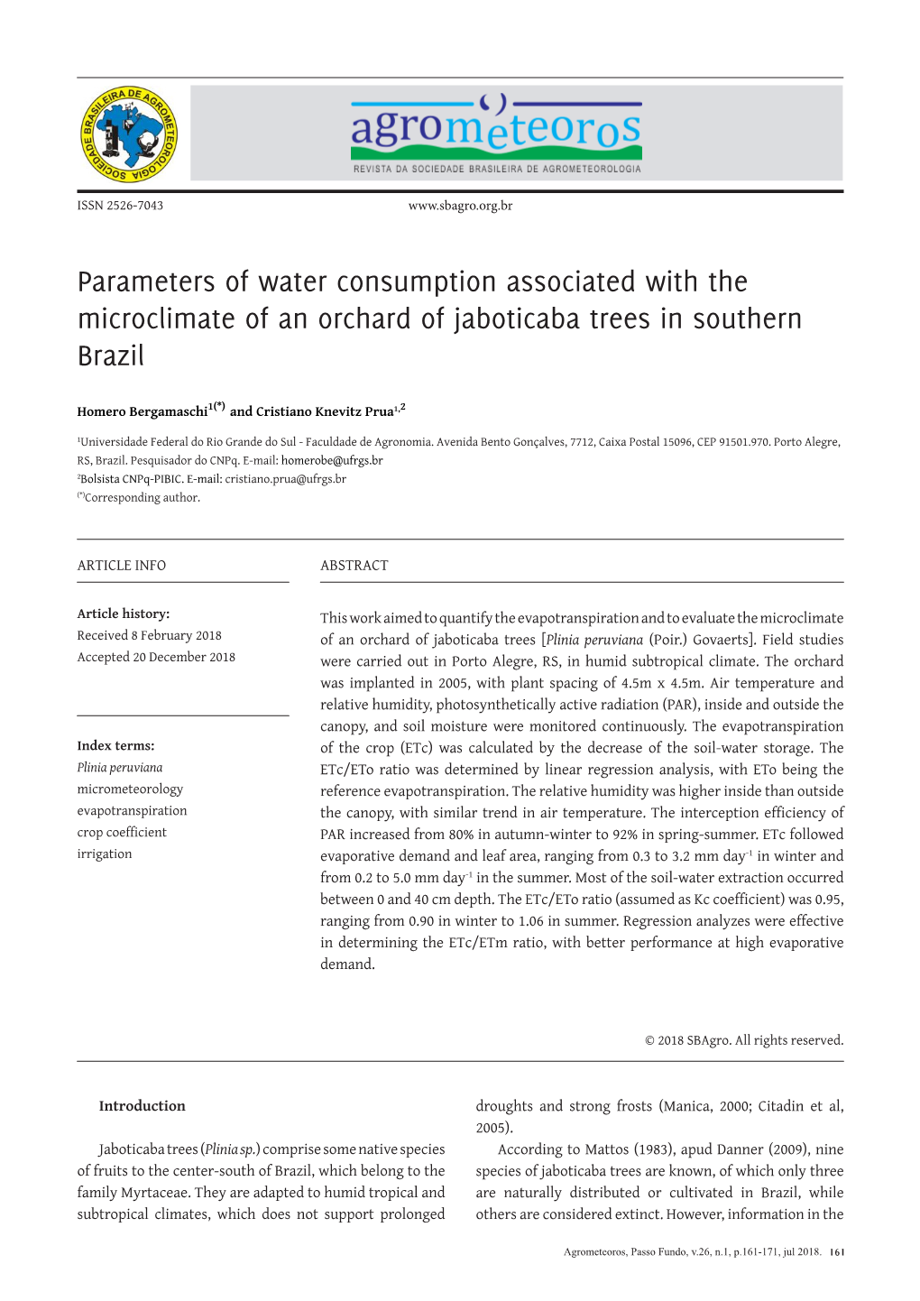 Parameters of Water Consumption Associated with the Microclimate of an Orchard of Jaboticaba Trees in Southern Brazil