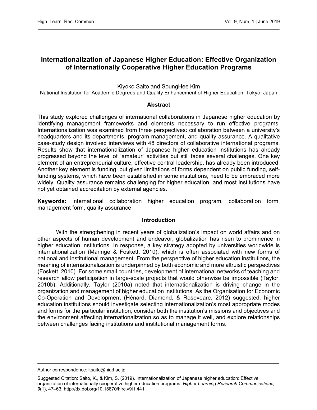Internationalization of Japanese Higher Education: Effective Organization of Internationally Cooperative Higher Education Programs