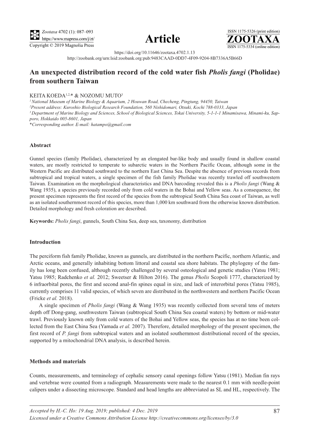 An Unexpected Distribution Record of the Cold Water Fish Pholis Fangi (Pholidae) from Southern Taiwan