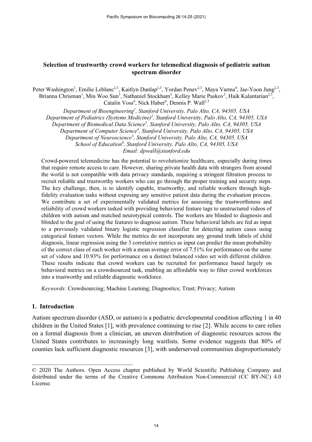 Selection of Trustworthy Crowd Workers for Telemedical Diagnosis of Pediatric Autism Spectrum Disorder 1. Introduction Autism Sp