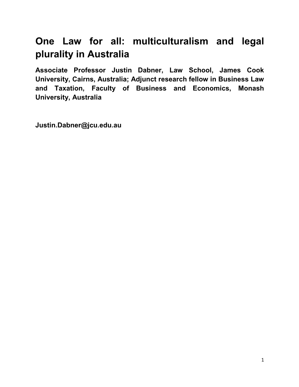 One Law for All: Multiculturalism and Legal Plurality in Australia