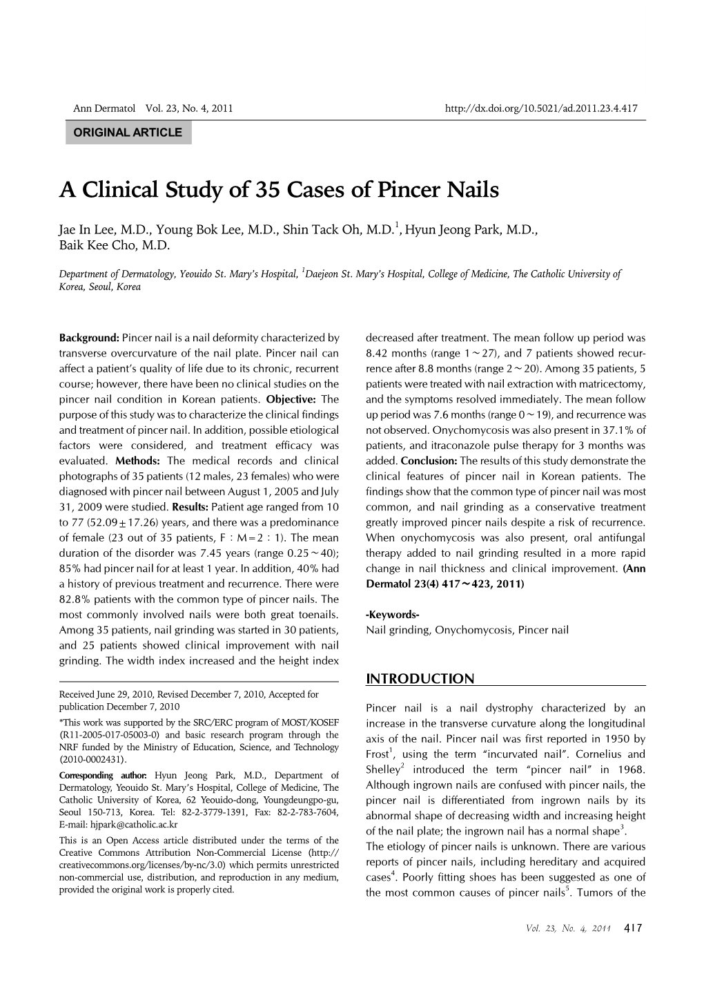 A Clinical Study of 35 Cases of Pincer Nails in Korea Ann Dermatol Vol