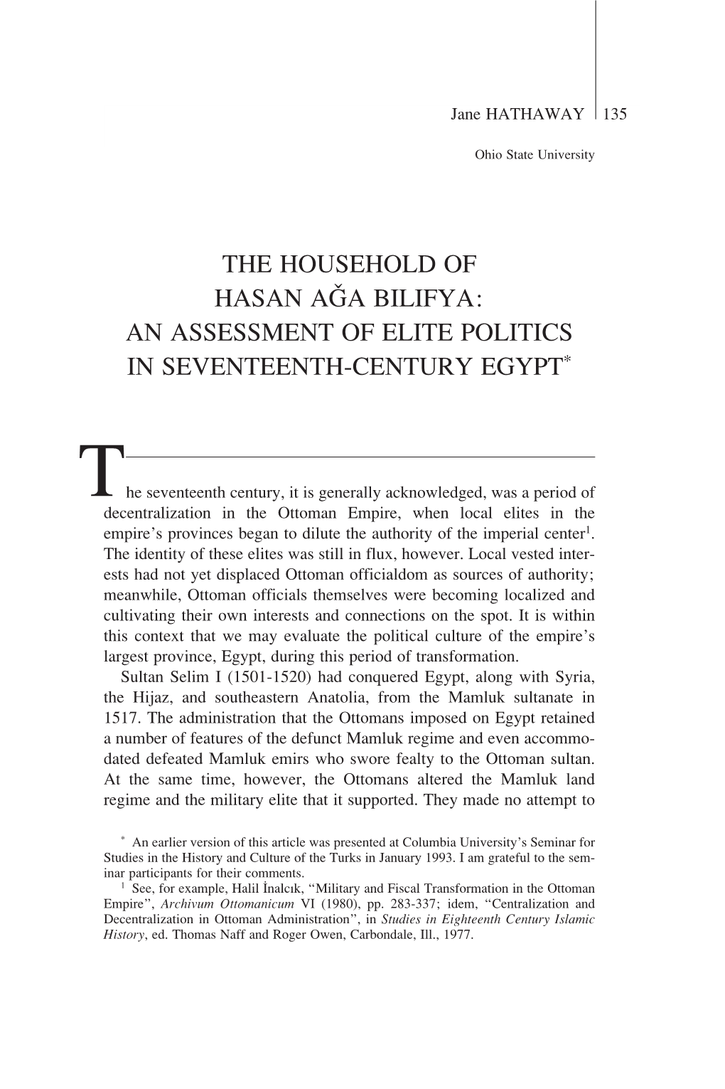 The Household of Hasan Aga Bilifya: an Assessment of Elite Politics in Seventeenth-Century Egypt*