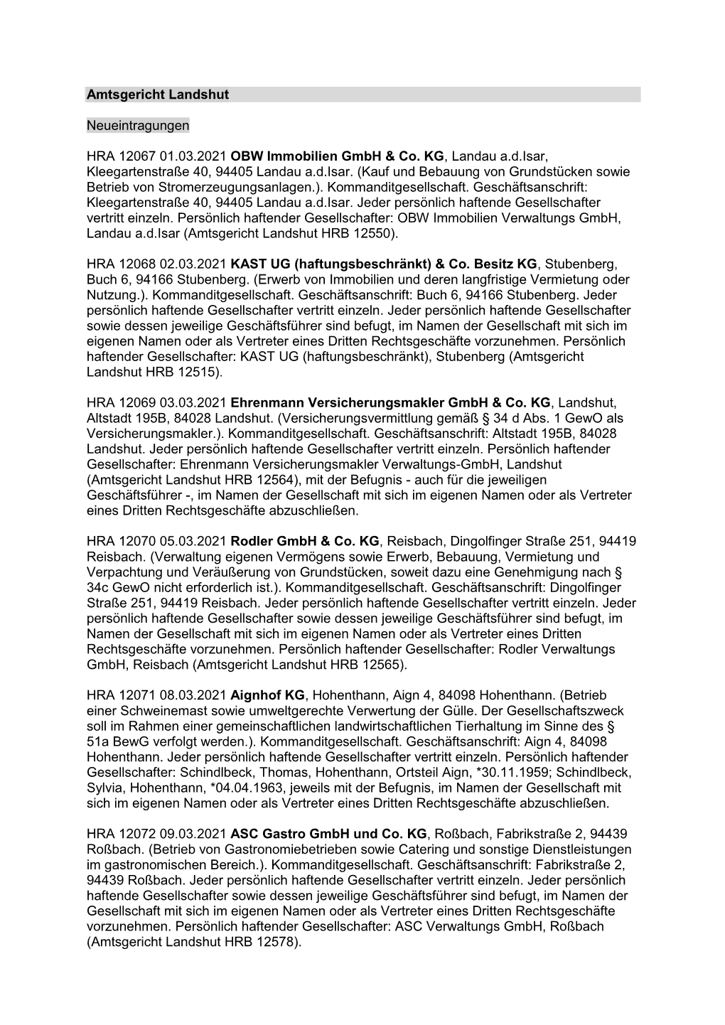 Handelsregister März 2021 Amtsgericht Landshut