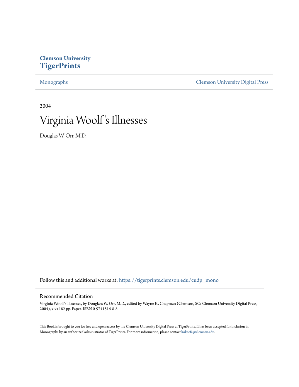 Virginia Woolf's Illnesses, by Douglass W