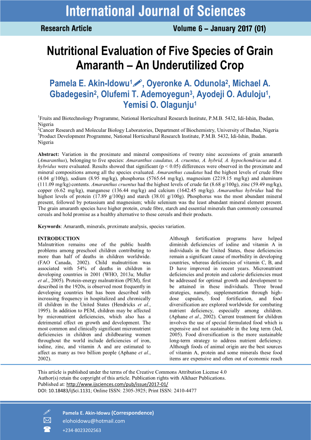 Nutritional Evaluation of Five Species of Grain Amaranth – an Underutilized Crop Pamela E