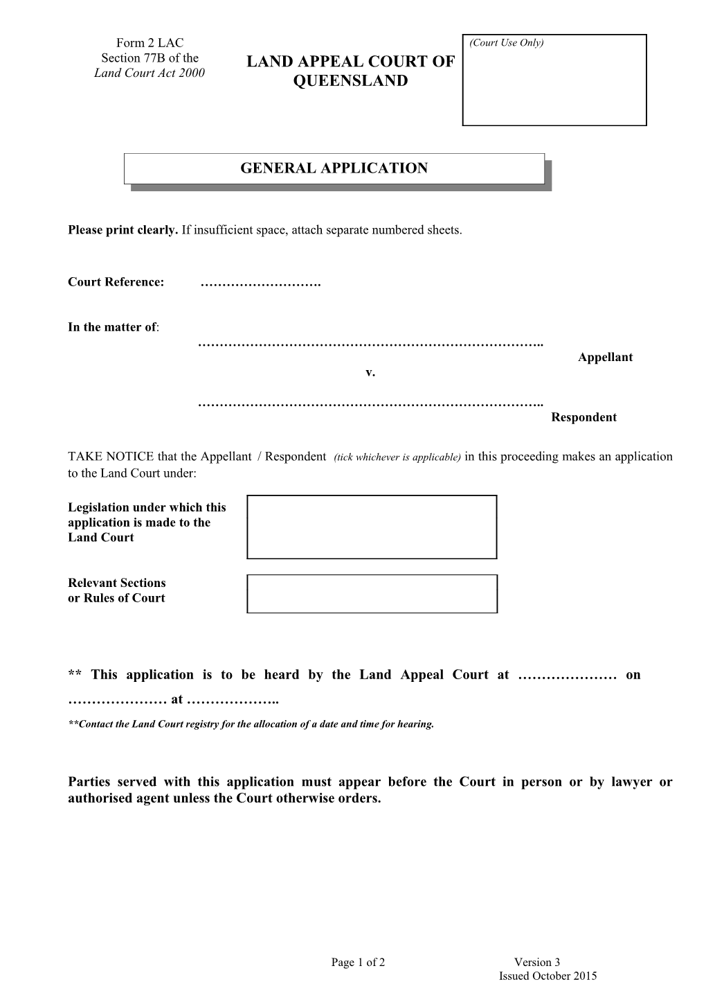 Land Appeal Court Form 2 - General Application