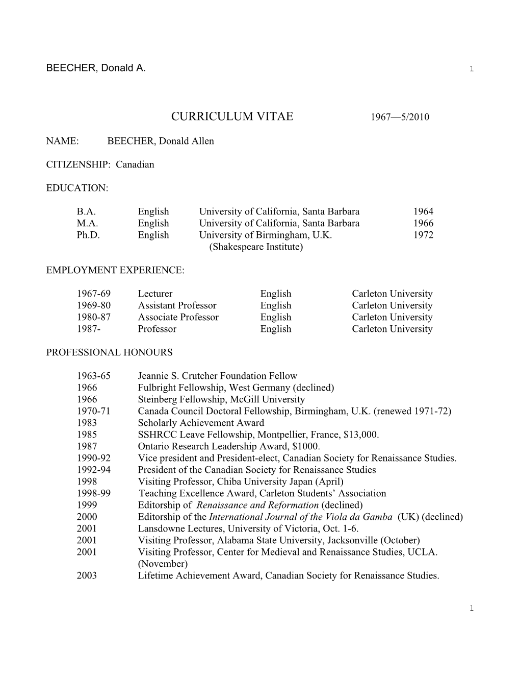 Curriculum Vitae 1967—5/2010