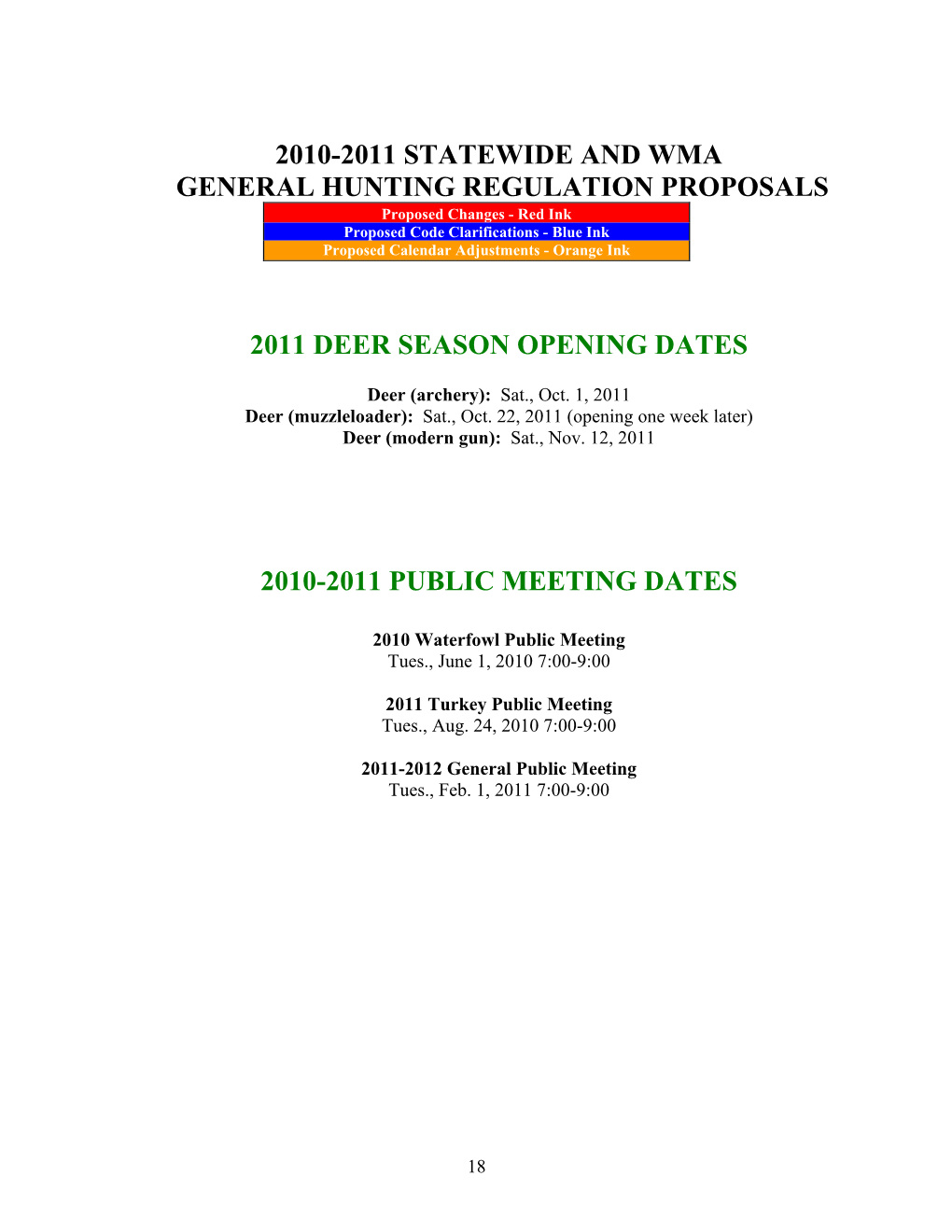 2010-2011 Statewide and Wma General Hunting Regulation Proposals