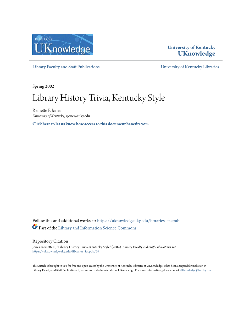 Library History Trivia, Kentucky Style Reinette F