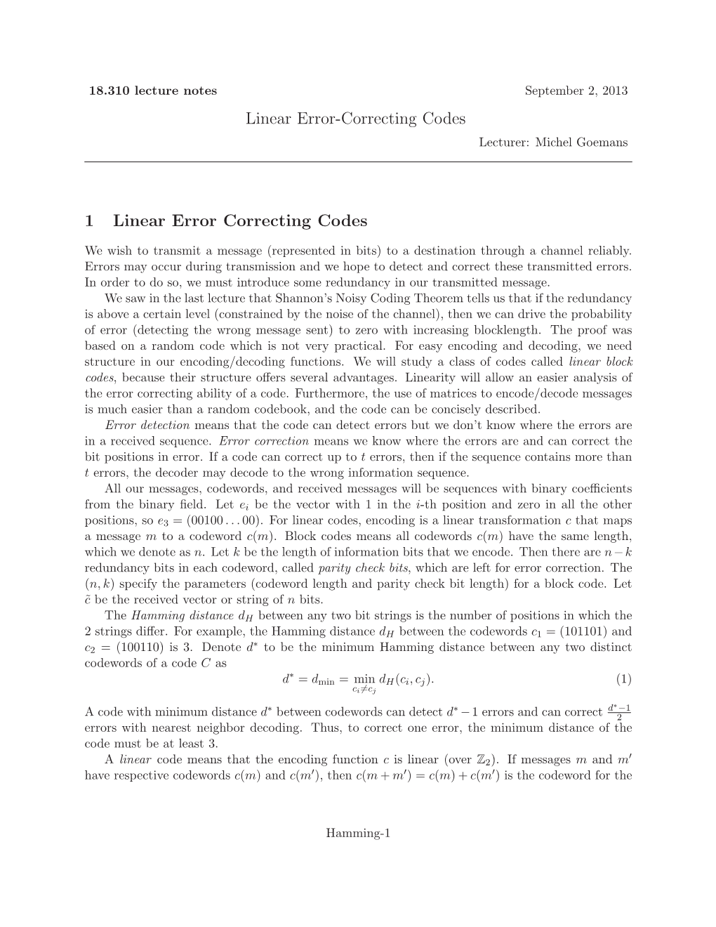 Principles of Discrete Applied Mathematics, Linear Error-Correcting Codes Notes