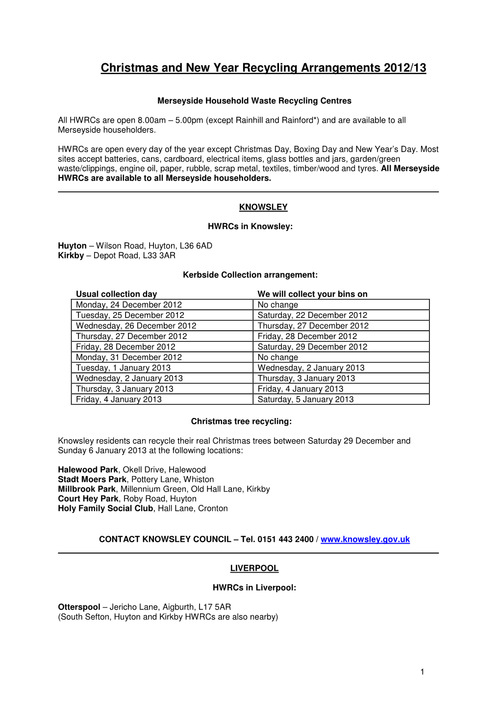 Christmas and New Year Recycling Arrangements 2012/13