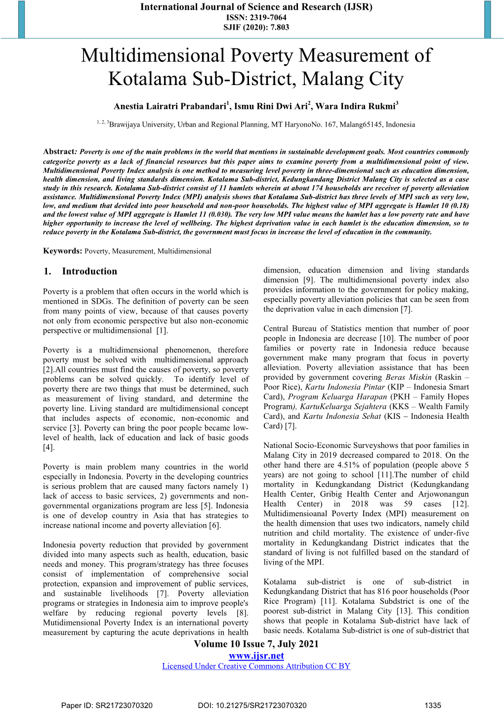 Multidimensional Poverty Measurement of Kotalama Sub-District, Malang City