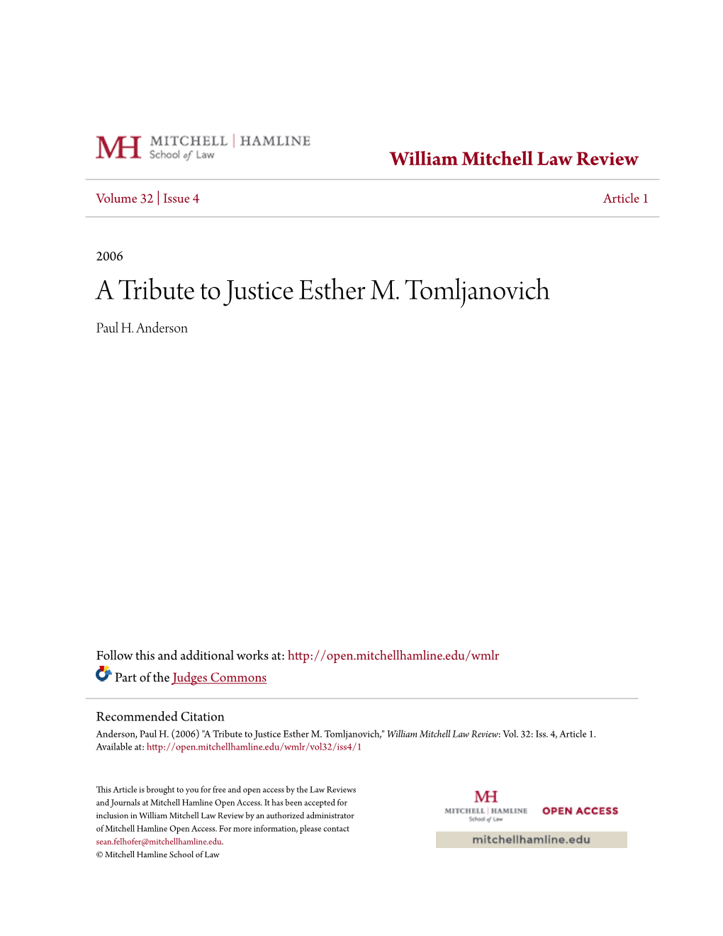 A Tribute to Justice Esther M. Tomljanovich Paul H