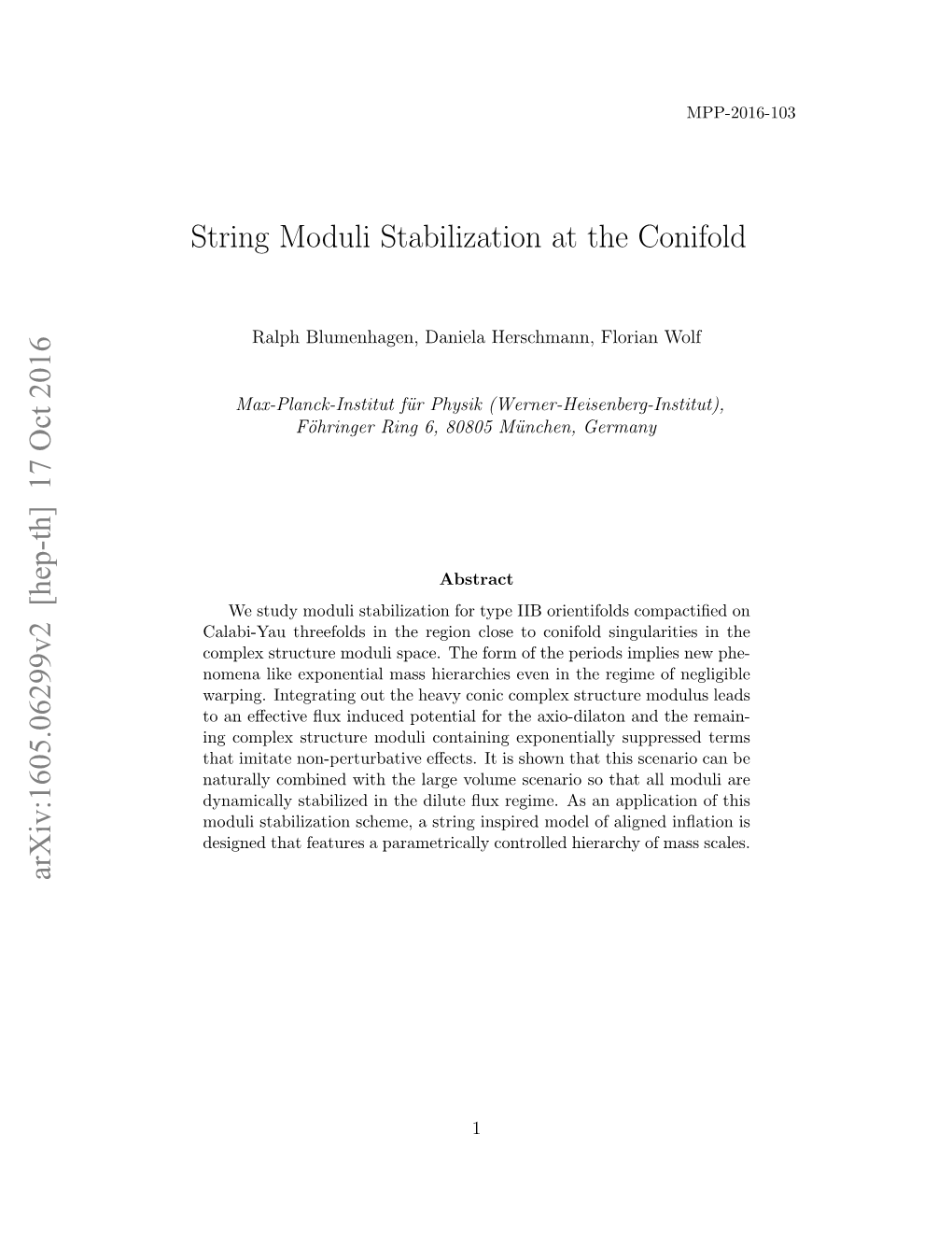 String Moduli Stabilization at the Conifold Arxiv:1605.06299V2 [Hep-Th]