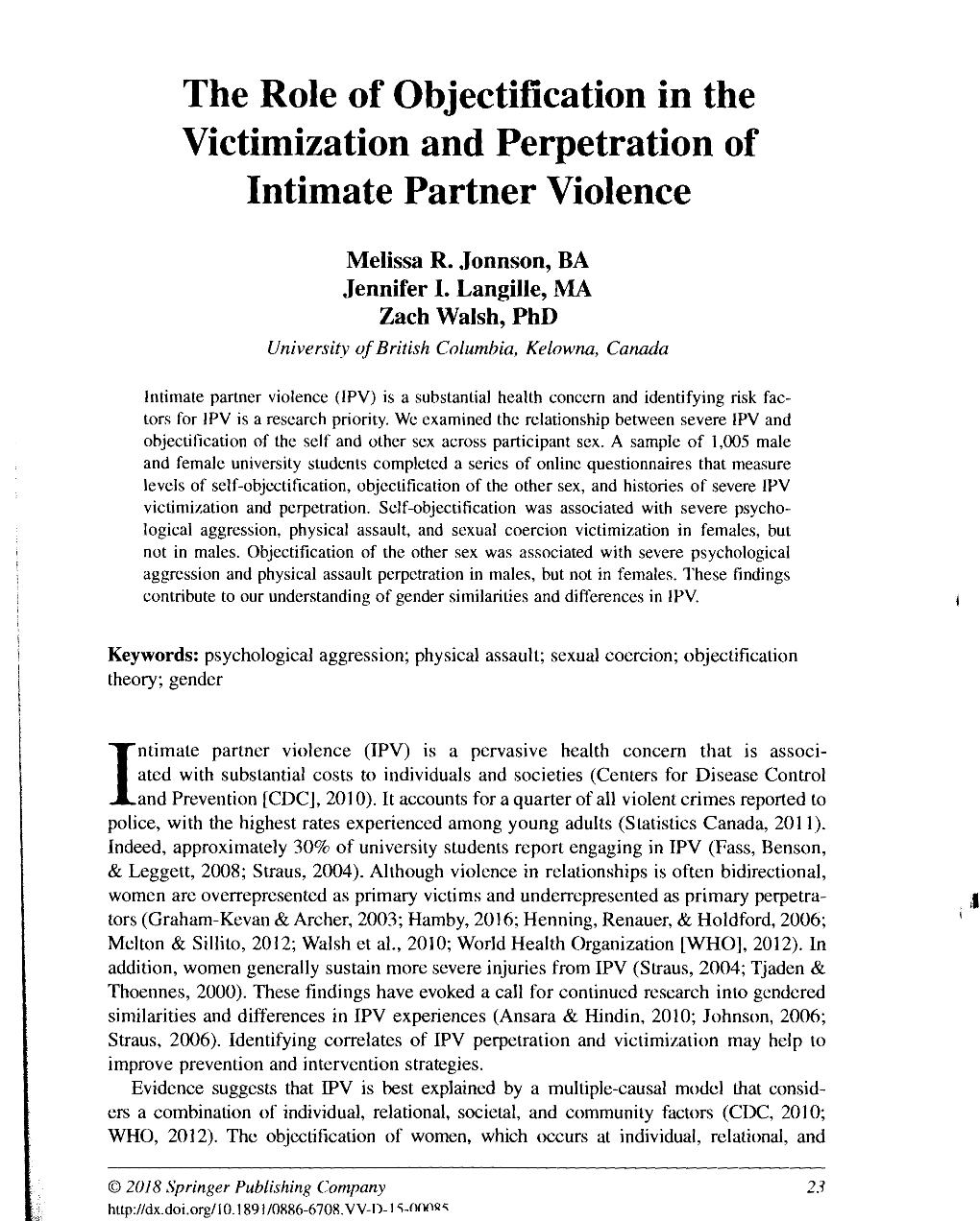 The Role of Objectification in the Victimization and Perpetration Of