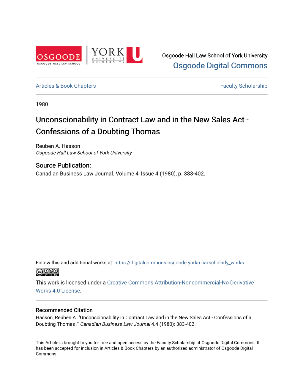 Unconscionability in Contract Law and in the New Sales Act - Confessions of a Doubting Thomas