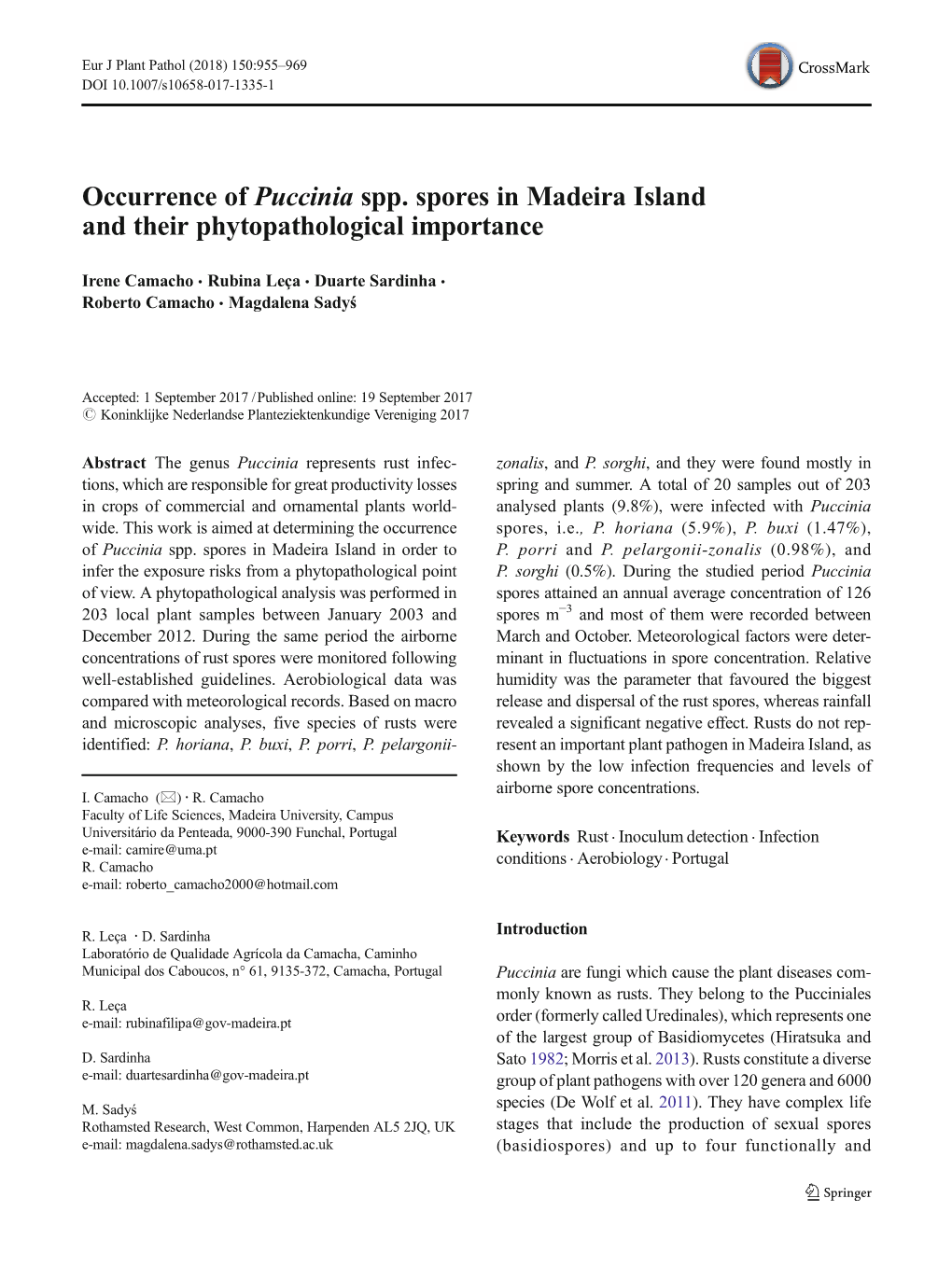 Occurrence of Puccinia Spp. Spores in Madeira Island and Their Phytopathological Importance