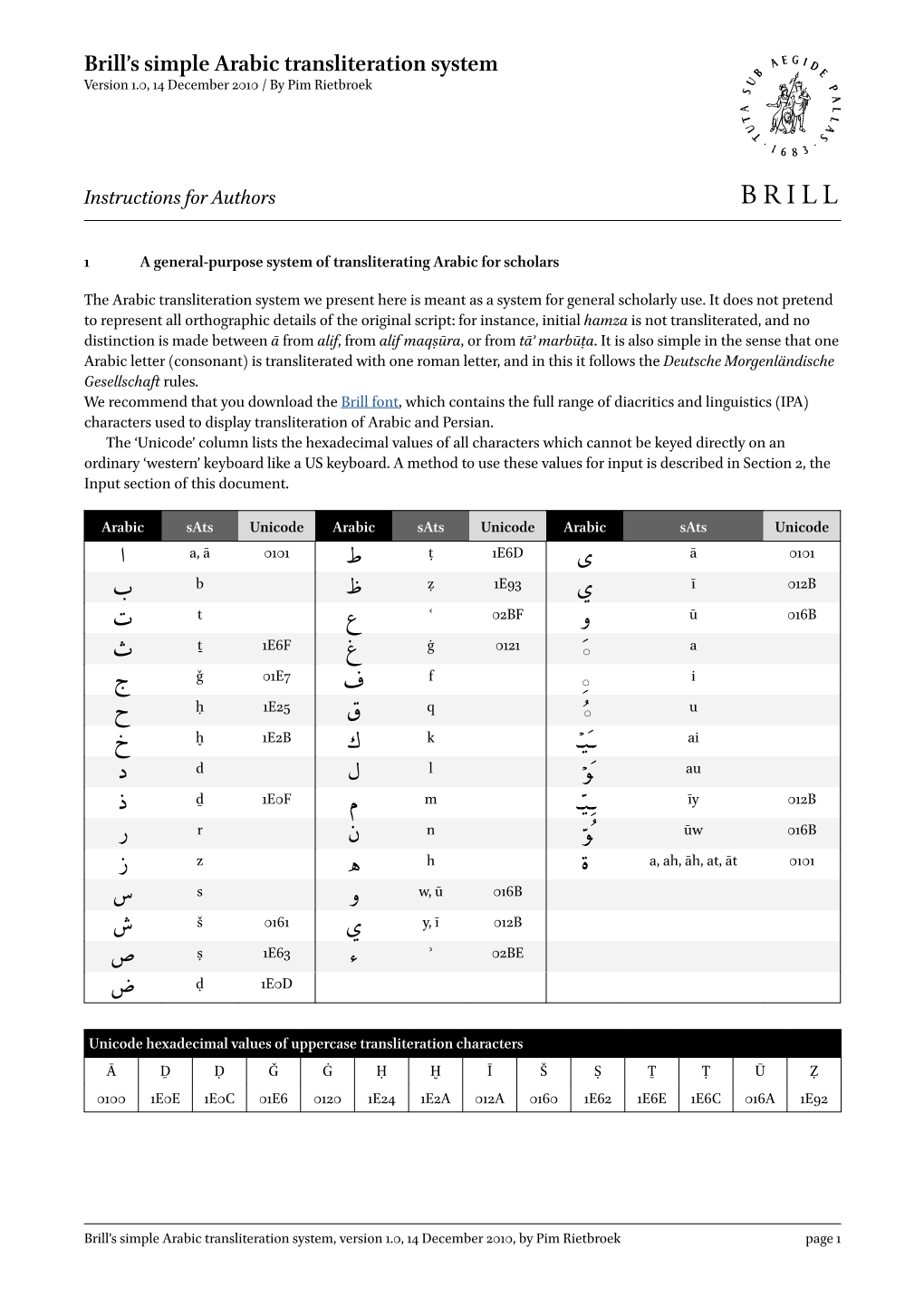 Brill's Simple Arabic Transliteration System