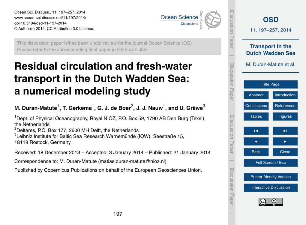 Transport in the Dutch Wadden Sea: Title Page a Numerical Modeling Study Abstract Introduction