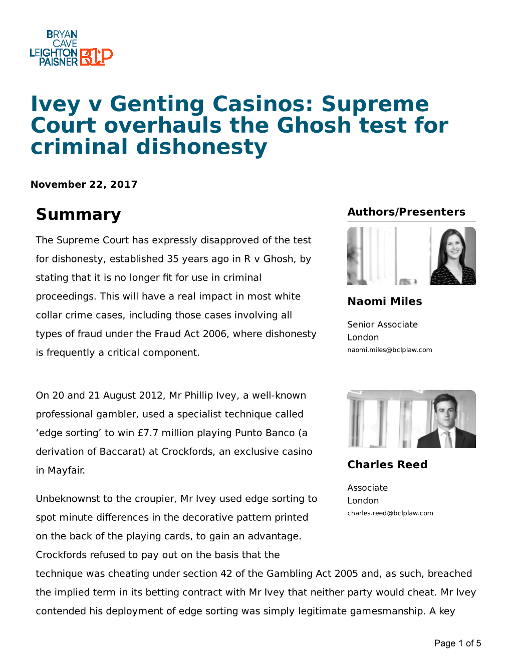 Ivey V Genting Casinos: Supreme Court Overhauls the Ghosh Test for Criminal Dishonesty