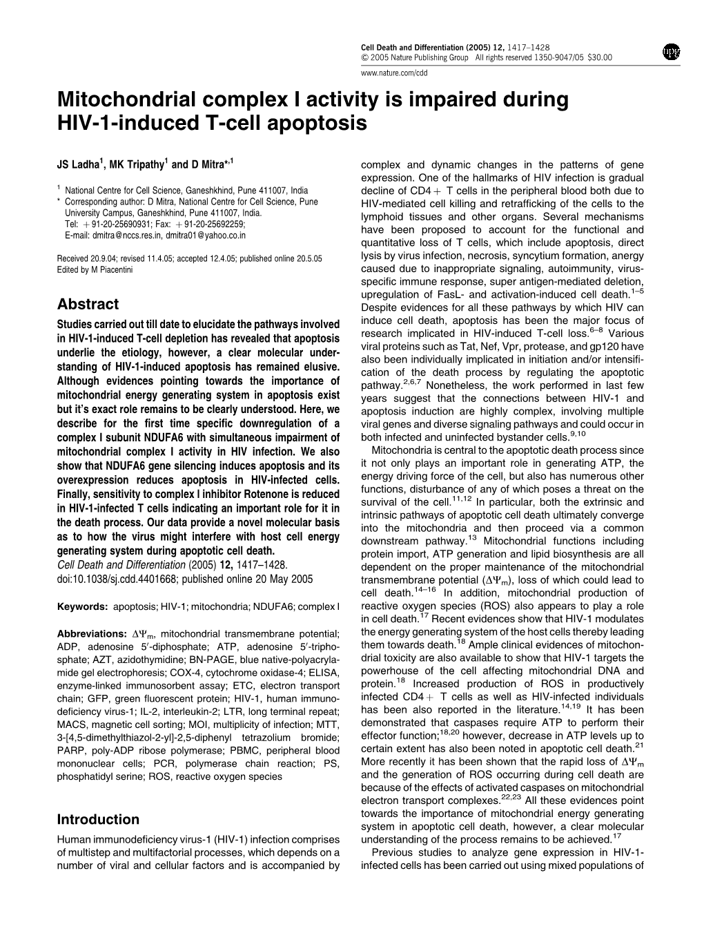 Mitochondrial Complex I Activity Is Impaired During HIV-1-Induced T-Cell Apoptosis