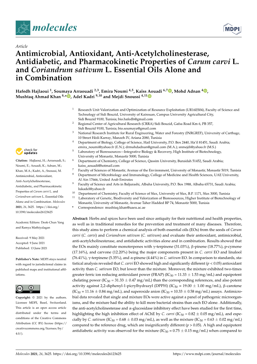 Antimicrobial, Antioxidant, Anti-Acetylcholinesterase, Antidiabetic, and Pharmacokinetic Properties of Carum Carvi L