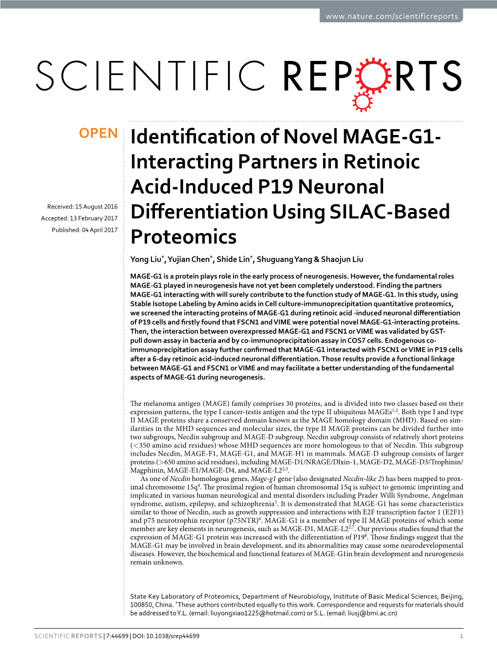 Identification of Novel MAGE-G1-Interacting Partners in Retinoic Acid-Induced P19 Neuronal Differentiation Using SILAC-Based Proteomics
