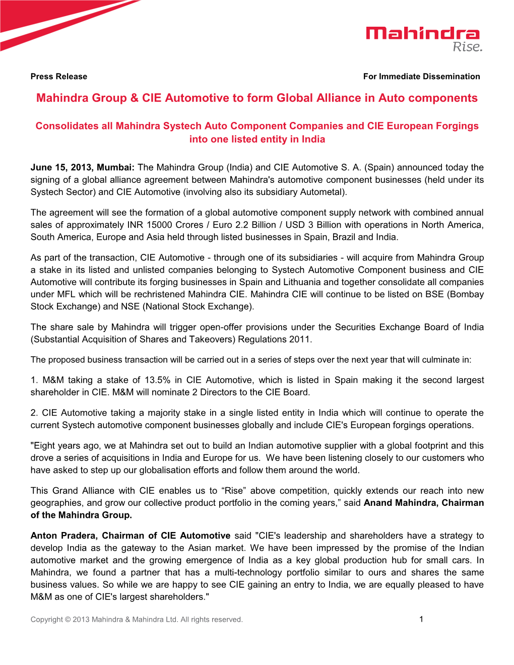 Mahindra Group & CIE Automotive to Form Global Alliance in Auto Components