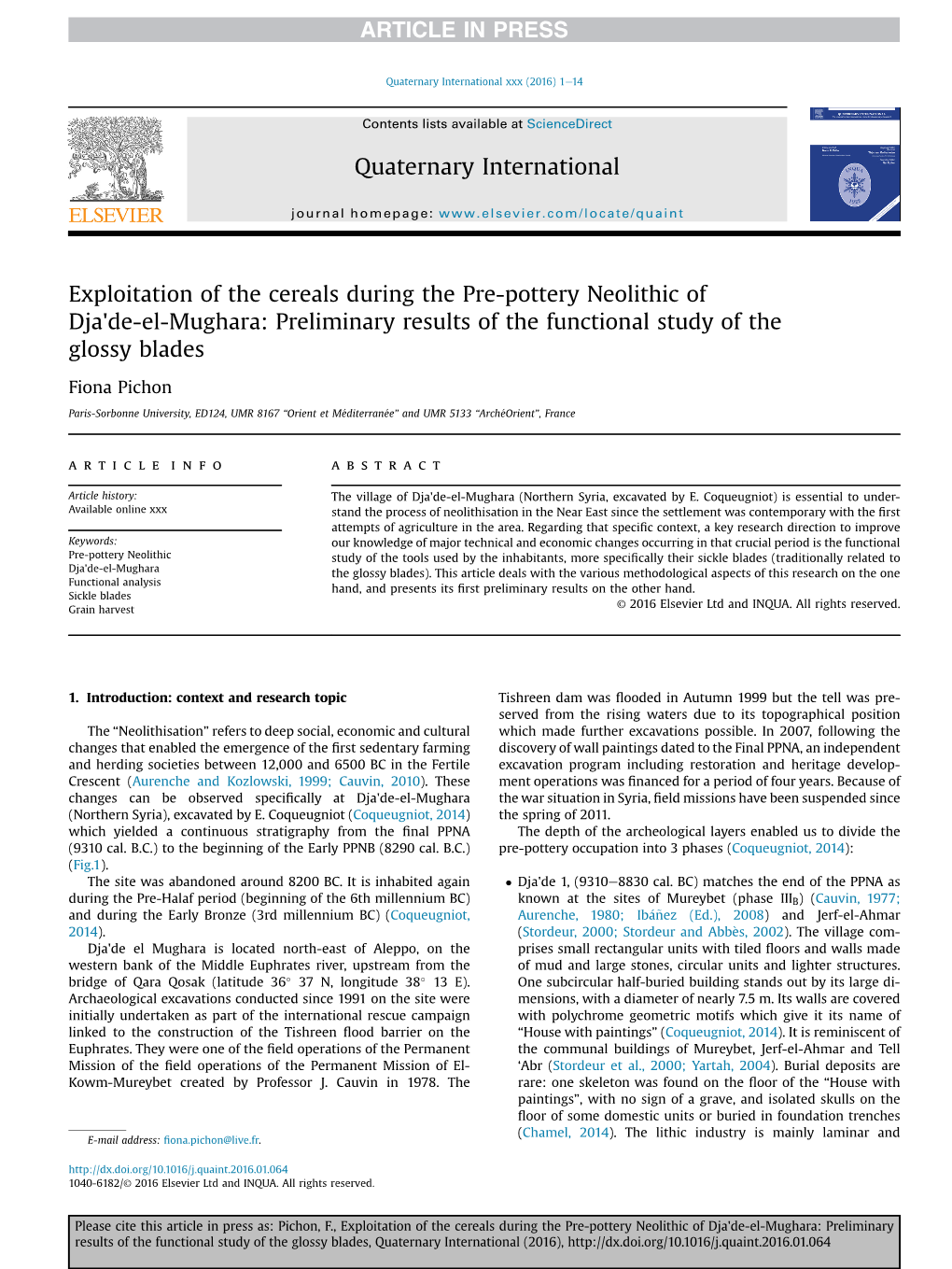 Exploitation of the Cereals During the Pre-Pottery Neolithic of Dja'de-El-Mughara: Preliminary Results of the Functional Study of the Glossy Blades