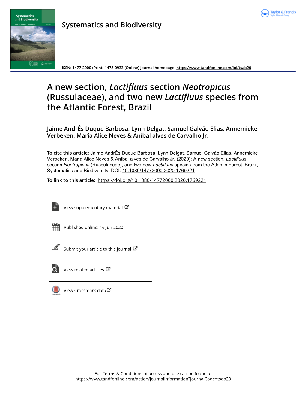 A New Section, Lactifluus Section Neotropicus (Russulaceae), and Two New Lactifluus Species from the Atlantic Forest, Brazil