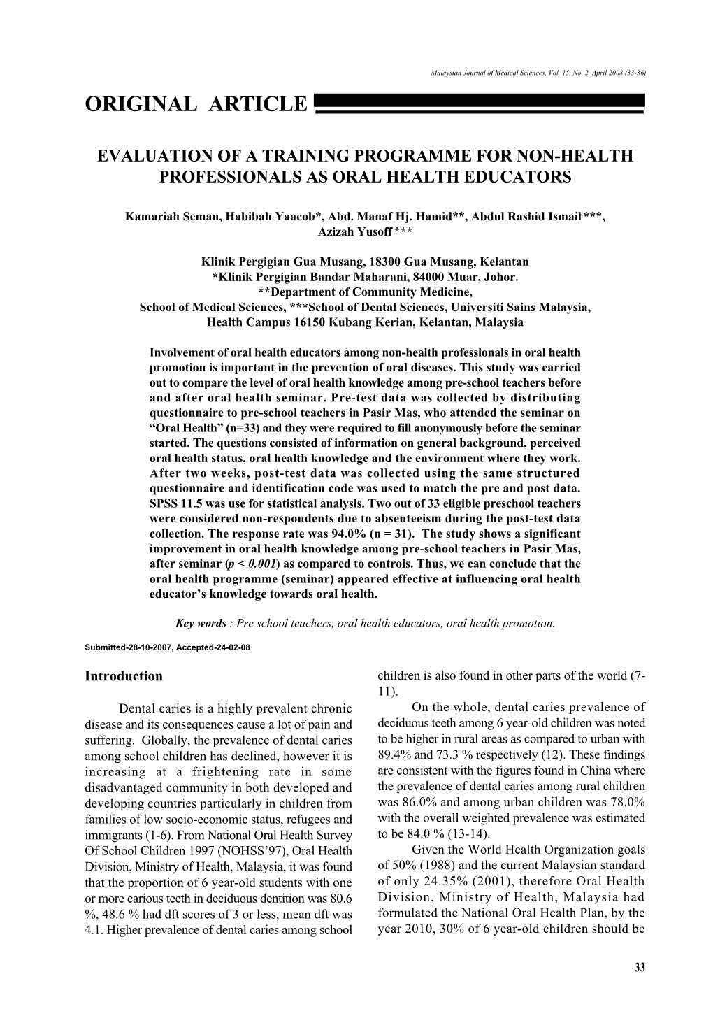 Evaluation of a Training Programme for Non-Health Professionals As Oral Health Educators