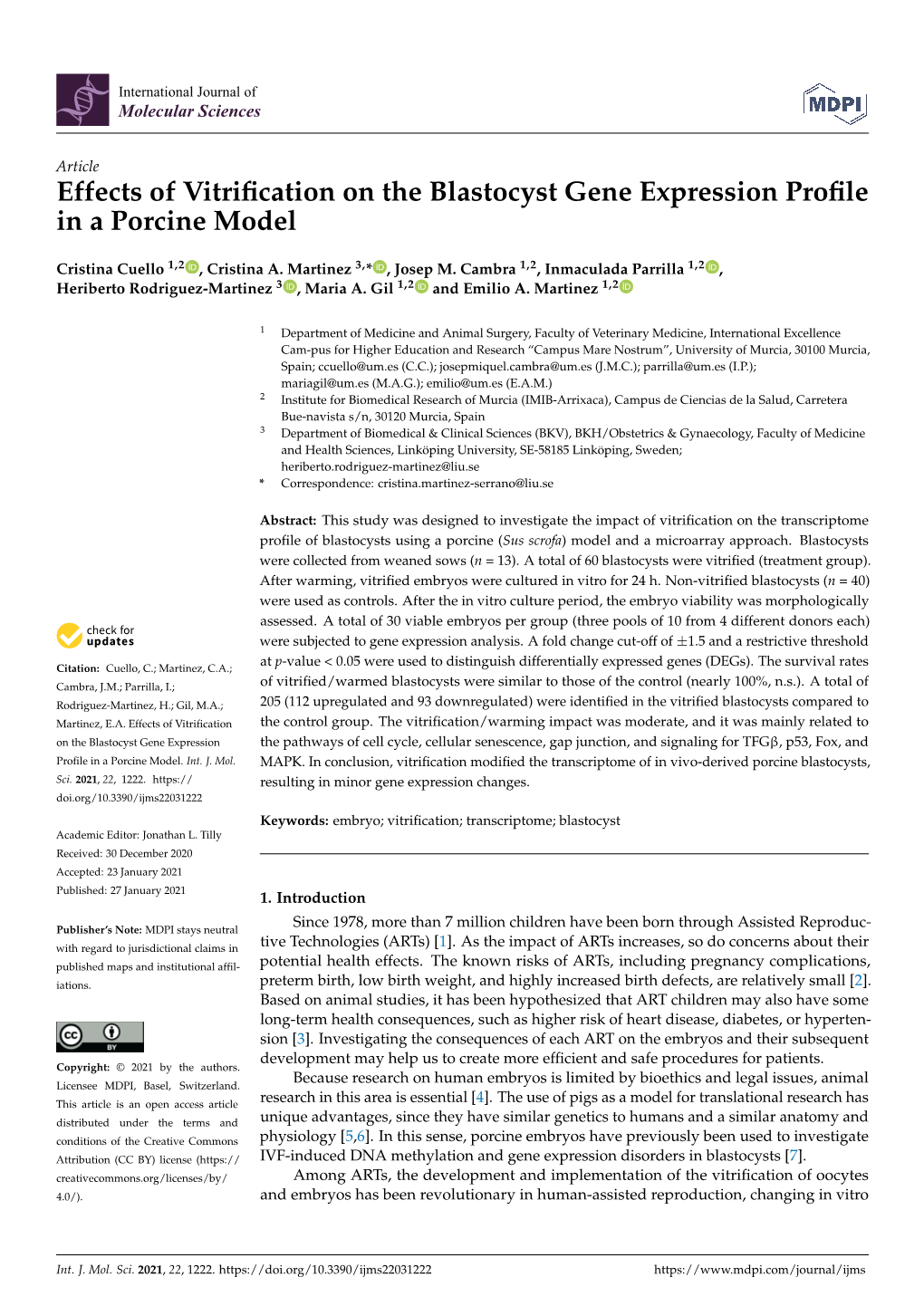 Effects of Vitrification on the Blastocyst Gene Expression Profile in a Porcine Model