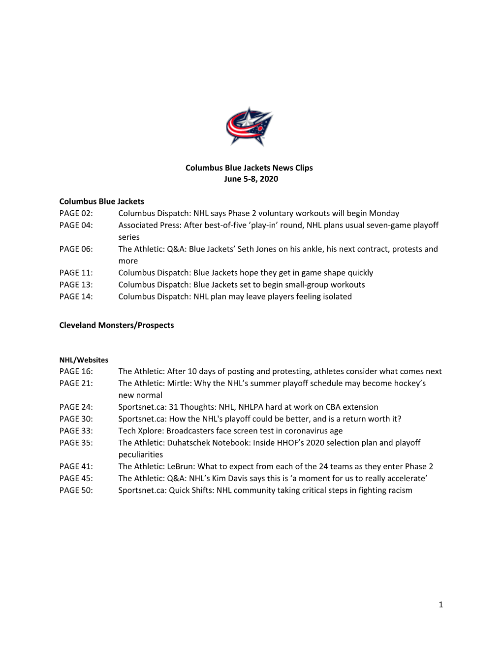 1 Columbus Blue Jackets News Clips June 5-8, 2020 Columbus Blue Jackets PAGE 02: Columbus Dispatch: NHL Says Phase 2 Voluntary