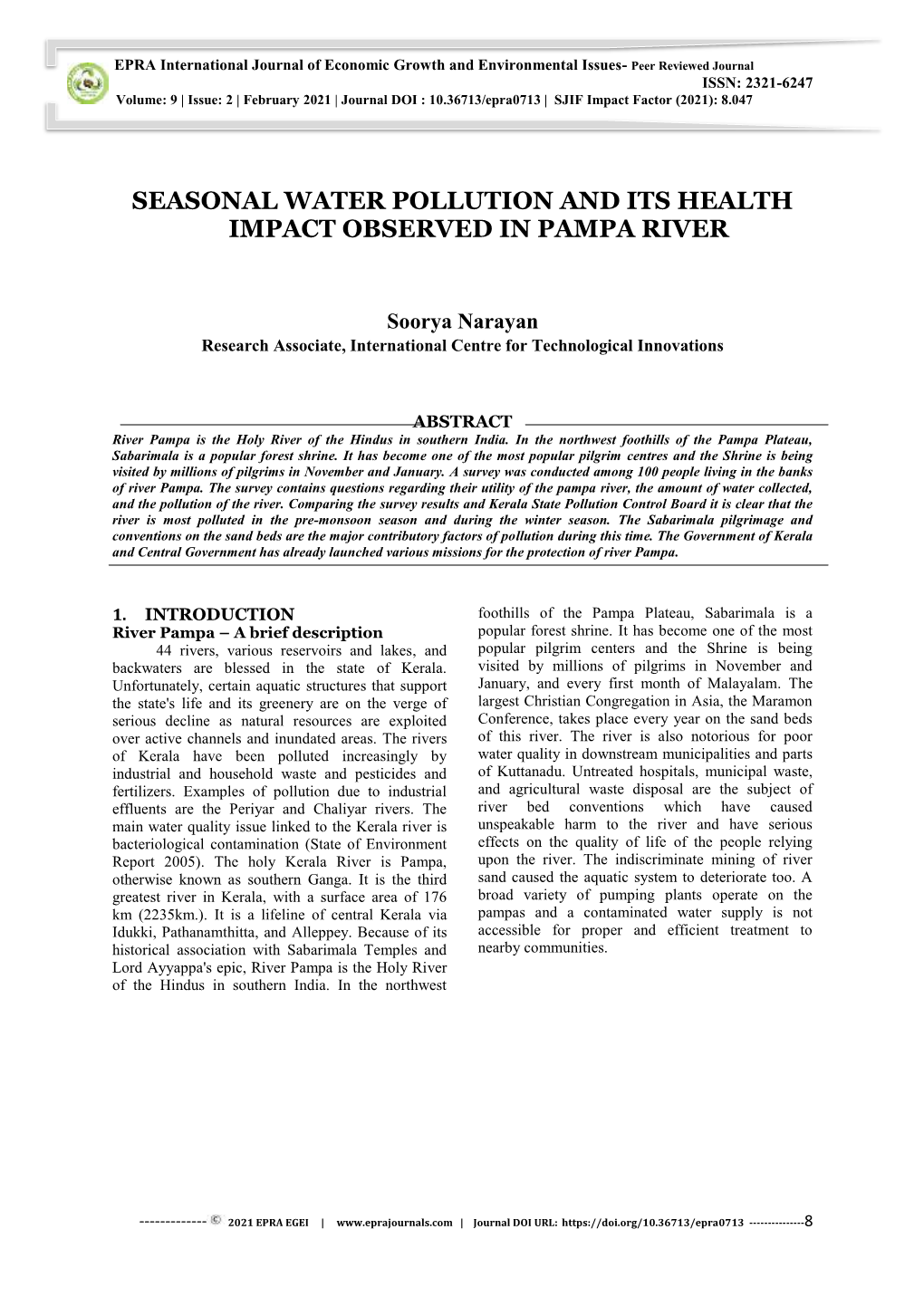 Seasonal Water Pollution and Its Health Impact Observed in Pampa River