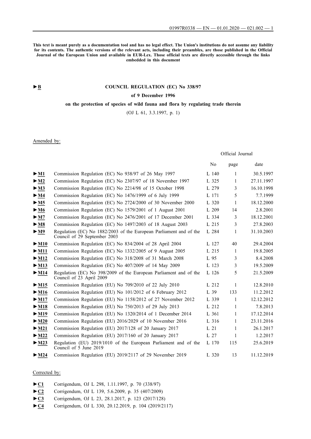 B COUNCIL REGULATION (EC) No 338/97 of 9 December 1996 on the Protection of Species of Wild Fauna and Flora by Regulating Trade Therein (OJ L 61, 3.3.1997, P